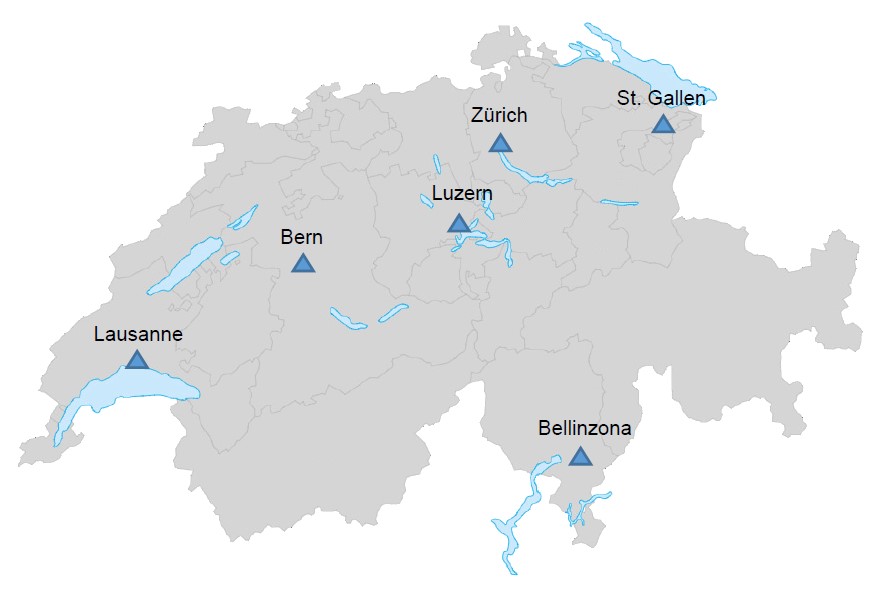 Schweizerkarte mit Studienzentren. Die Standorte der 6 Studienzentren in den drei Sprachregionen der Schweiz